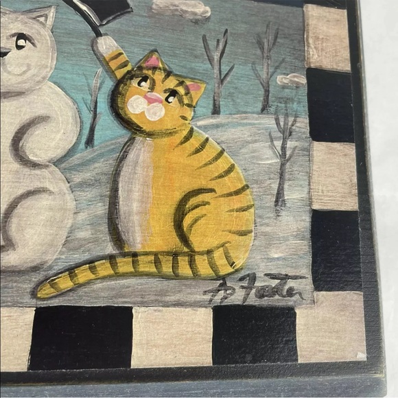 Hand Painted Cat Folk Art 4 Seasons Signed A D Foster On Wood Ready To Hang - Picture 6 of 12